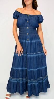 Indigo & Lace Maxi Dress M Blue Denim Cotton Embroidered Peasant Boho Cottage